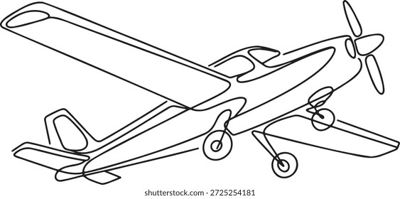 desenho artístico de linha contínua de um pequeno avião de hélice. Ilustração minimalista de uma aeronave leve. Vetor de estilo moderno doodle de um plano vintage. Projeto simples para uma única aeronave motorizada.