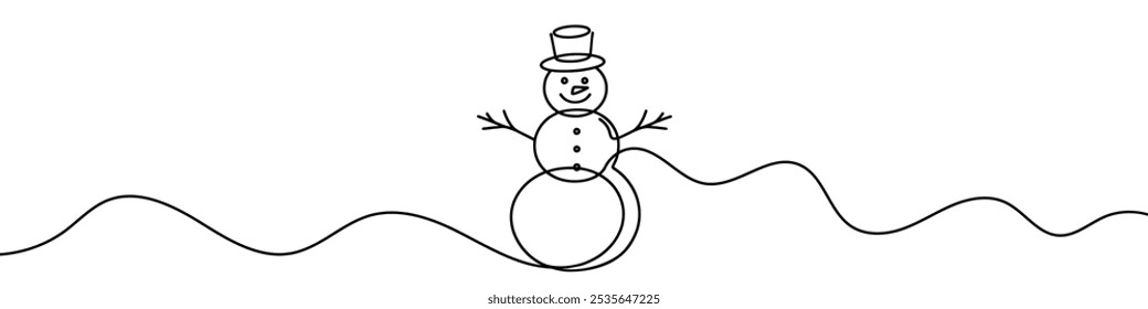 Continuous line art drawing a smiling snowman on snowy hills for a winter holiday design