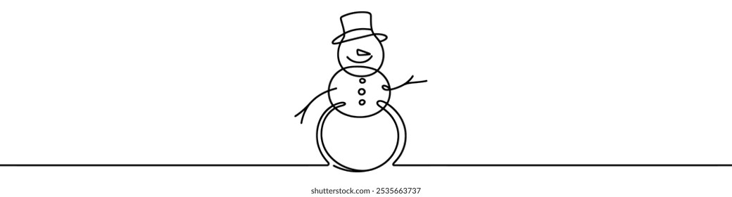 Continuous line art drawing a smiling snowman on snowy hills for a winter holiday design