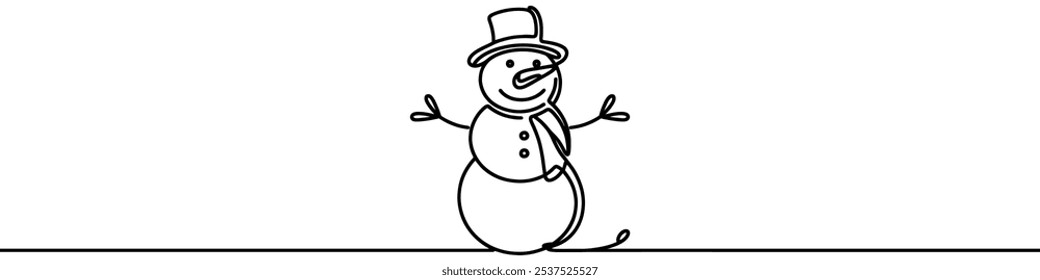 Arte de línea continua dibujando un muñeco de nieve sonriente en colinas nevadas para un diseño de vacaciones de invierno