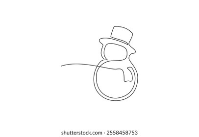 Continuous line art drawing a smiling snowman, A cute smiley snowman drawn in continuous line art with a white background, Snowman continuous one line art style vector illustration.