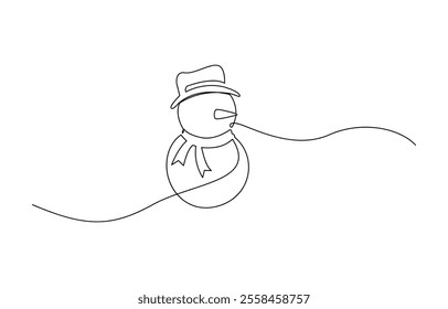 Continuous line art drawing a smiling snowman, A cute smiley snowman drawn in continuous line art with a white background, Snowman continuous one line art style vector illustration.