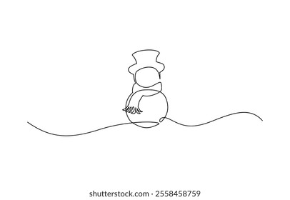 Continuous line art drawing a smiling snowman, A cute smiley snowman drawn in continuous line art with a white background, Snowman continuous one line art style vector illustration.