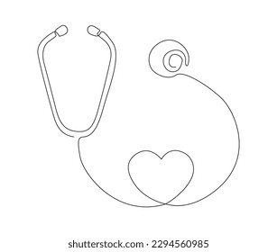 Continuous line art drawing of stethoscope. Stethoscope shapped love heart single line art drawing vector illustration. Editable stroke.
