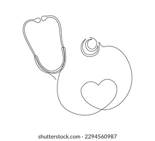 Continuous line art drawing of stethoscope. Stethoscope shapped love heart single line art drawing vector illustration. Editable stroke.
