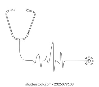 Dibujo de línea continua de estetoscopio con onda de latido cardíaco. Herramienta médica - ilustración del vector del contorno del estetoscopio. Trazo editable.
