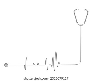 Dibujo de línea continua de estetoscopio con onda de latido cardíaco. Herramienta médica - ilustración del vector del contorno del estetoscopio. Trazo editable.
