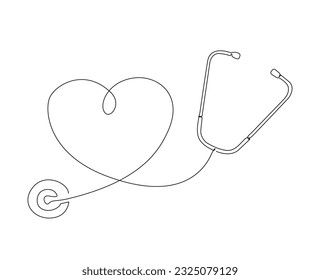 Continuous line art drawing of stethoscope with love shape. Medical tool - stethoscope outline drawing vector illustration. Editable stroke.
