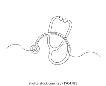 Continuous line art drawing of stethoscope - Medical equipment. Stethoscope single line art drawing vector illustration. Editable stroke.