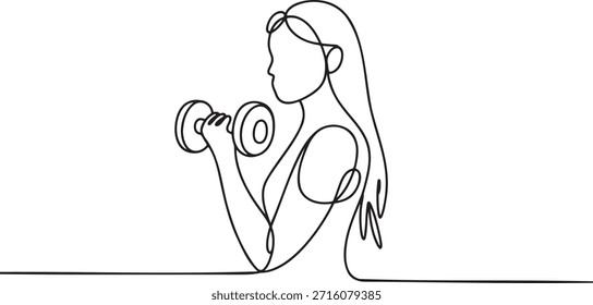 Linha contínua arte desenho forte fitness mulher levantar haltere. Esboço de linha única fêmea exercitando para o crescimento muscular. Mulher de design minimalista fazendo treinamento de força. Dinâmico simples gráfico saudável estilo de vida conceito de treino. Elemento de design de levantamento de peso de menina sporty estilo desenhado à mão única. Esporte e bem-estar ilustração vetor vida ativa.