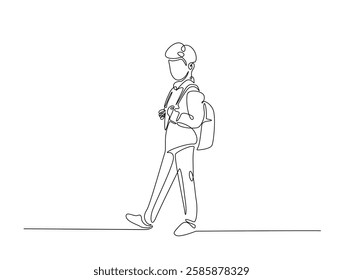 Continuous line art drawing of student wearing backpack. Kid with schoolbag line art drawing vector illustration. Editable stroke.