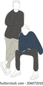 Estilo de dibujo de línea continua de dos niños (hombres). Adolescentes sentados en el suelo con las piernas cruzadas. Aislado sobre fondo blanco. Concepto de amistad en estilo minimalista moderno en vector