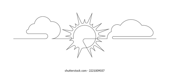 Continuous line art drawing style sun with clouds. Weather minimal concept