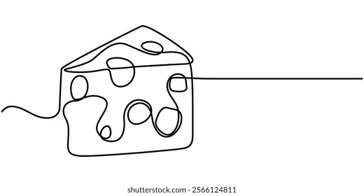 Сheese in continuous line art drawing style. Wheel of cheese with holes and a piece cut from it. Minimalist black linear sketch isolated on white background. Vector illustration, Swiss hard cheese.