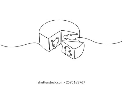 Сheese in continuous line art drawing style. Wheel of cheese with holes and a piece cut from it, Minimalist black linear sketch isolated on white background.
