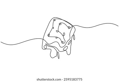 Сheese in continuous line art drawing style. Wheel of cheese with holes and a piece cut from it, Minimalist black linear sketch isolated on white background.