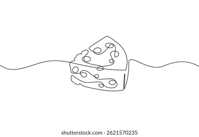 Сheese in continuous line art drawing style. Wheel of cheese with holes and a piece cut from it. One continuous line illustration of cheese, isolated on white background.