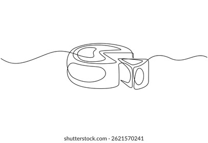 Сheese in continuous line art drawing style. Wheel of cheese with holes and a piece cut from it. One continuous line illustration of cheese, isolated on white background.