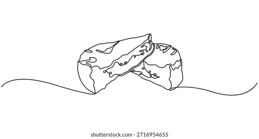Сheese en estilo de dibujo de línea continua. Rueda de queso con agujeros y un trozo cortado de ella. Esbozo lineal negro minimalista aislado sobre fondo blanco. Ilustración vectorial, queso duro suizo