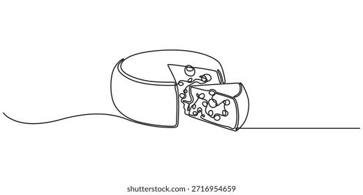 Сheese en estilo de dibujo de línea continua. Rueda de queso con agujeros y un trozo cortado de ella. Esbozo lineal negro minimalista aislado sobre fondo blanco. Ilustración vectorial, queso duro suizo