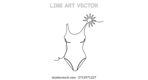 Durchgehende Linie Kunst Zeichnung eines stilvollen einteiligen Badeanzug mit einer hellen Sonne. Minimalistisches Design für Sommermode, Beachwear und Urlaubskonzepte. Einfache Grafik. Vektorgrafik