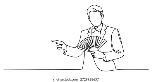 Desenho de arte de linha contínua de um homem elegante em um terno apontando e segurando um ventilador tradicional