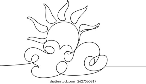 Continuous line art drawing of sun and clouds, minimalist black linear sketch representing cloudy weather concept on white background

