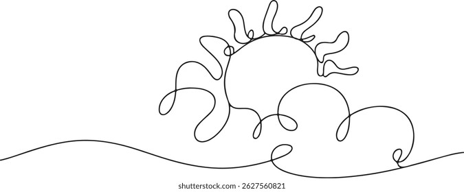 Continuous line art drawing of sun and clouds, minimalist black linear sketch representing cloudy weather concept on white background

