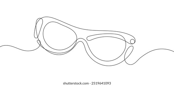 Dibujo lineal continuo de gafas de sol diseñadas para la protección ocular contra los rayos ultravioleta UV. Esta ilustración minimalista captura la forma esencial y la función de las gafas de sol