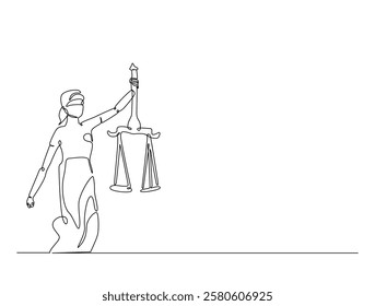 Continuous line art drawing of Themis goddess with scale. Blind lady justice with scales in hand- single line art drawing vector illustration. Editable stroke.