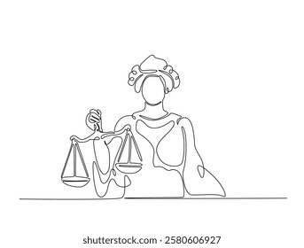 Continuous line art drawing of Themis goddess with scale. Blind lady justice with scales in hand- single line art drawing vector illustration. Editable stroke.