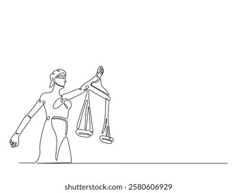 Continuous line art drawing of Themis goddess with scale. Blind lady justice with scales in hand- single line art drawing vector illustration. Editable stroke.