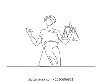 Continuous line art drawing of Themis goddess with scale. Blind lady justice with scales in hand- single line art drawing vector illustration. Editable stroke.