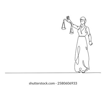 Continuous line art drawing of Themis goddess with scale. Woman justice with scales in hand- single line art drawing vector illustration. Editable stroke.