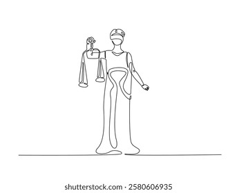 Continuous line art drawing of Themis goddess with scale. Woman justice with scales in hand- single line art drawing vector illustration. Editable stroke.