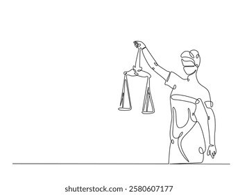 Continuous line art drawing of Themis goddess with scale. Blind lady justice with scales in hand- single line art drawing vector illustration. Editable stroke.