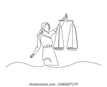 Continuous line art drawing of Themis goddess with scale. Blind lady justice with scales in hand- single line art drawing vector illustration. Editable stroke.