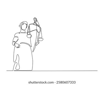 Continuous line art drawing of Themis goddess with scale. Blind lady justice with scales in hand- single line art drawing vector illustration. Editable stroke.