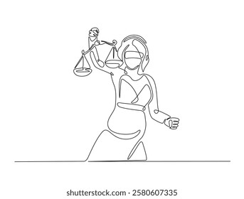 Continuous line art drawing of Themis goddess with scale. Blind lady justice with scales in hand- single line art drawing vector illustration. Editable stroke.