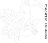 Continuous Line Art Drawing of a Toucan Bird on a Branch with Tropical Monstera Leaves and Fruits Minimalist Vector Illustration