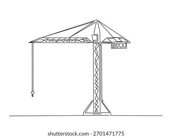Continuous line art drawing of Tower Crane for building construction. Construction crane in single outline illustration. 
