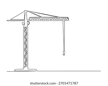 Continuous line art drawing of Tower Crane for building construction. Construction crane in single outline illustration. 