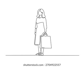 Desenho de arte de linha contínua de mulher da moda carregando sacos de compras. Traçado editável.