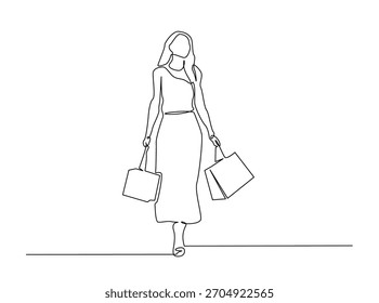 Dibujo continuo del arte de la línea de la mujer de moda que lleva bolsos de compras. Trazo editable.