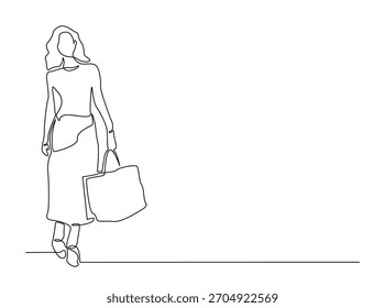 Dibujo continuo del arte de la línea de la mujer de moda que lleva bolsos de compras. Trazo editable.