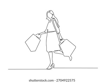 Continuous line art drawing of trendy woman carrying shopping bags. Editable stroke.
