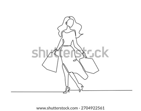 Continuous line art drawing of trendy woman carrying shopping bags. Editable stroke.