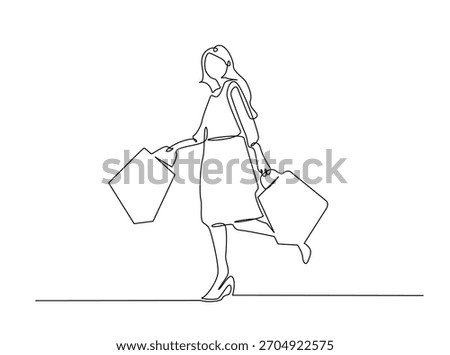 Continuous line art drawing of trendy woman carrying shopping bags. Editable stroke.