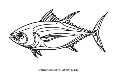Continuous line art drawing of a tuna fish. Minimalist tuna fish outline vector.