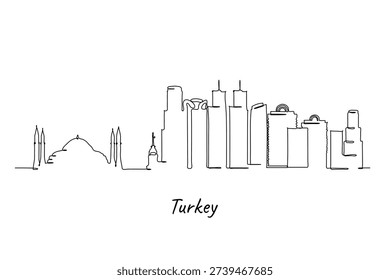 Continuous line art drawing of Turkeys skyline showcasing both traditional mosque architecture and modern skyscrapers
